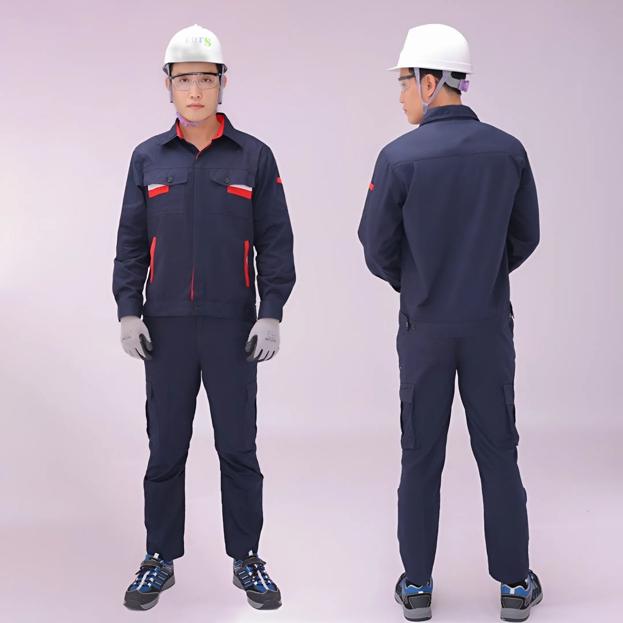 Quần áo bảo hộ lao động màu xanh phối đỏ